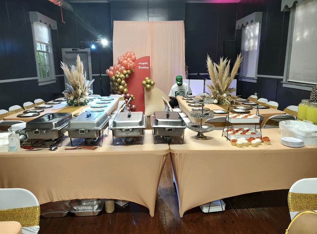 Birthday party décor and buffet